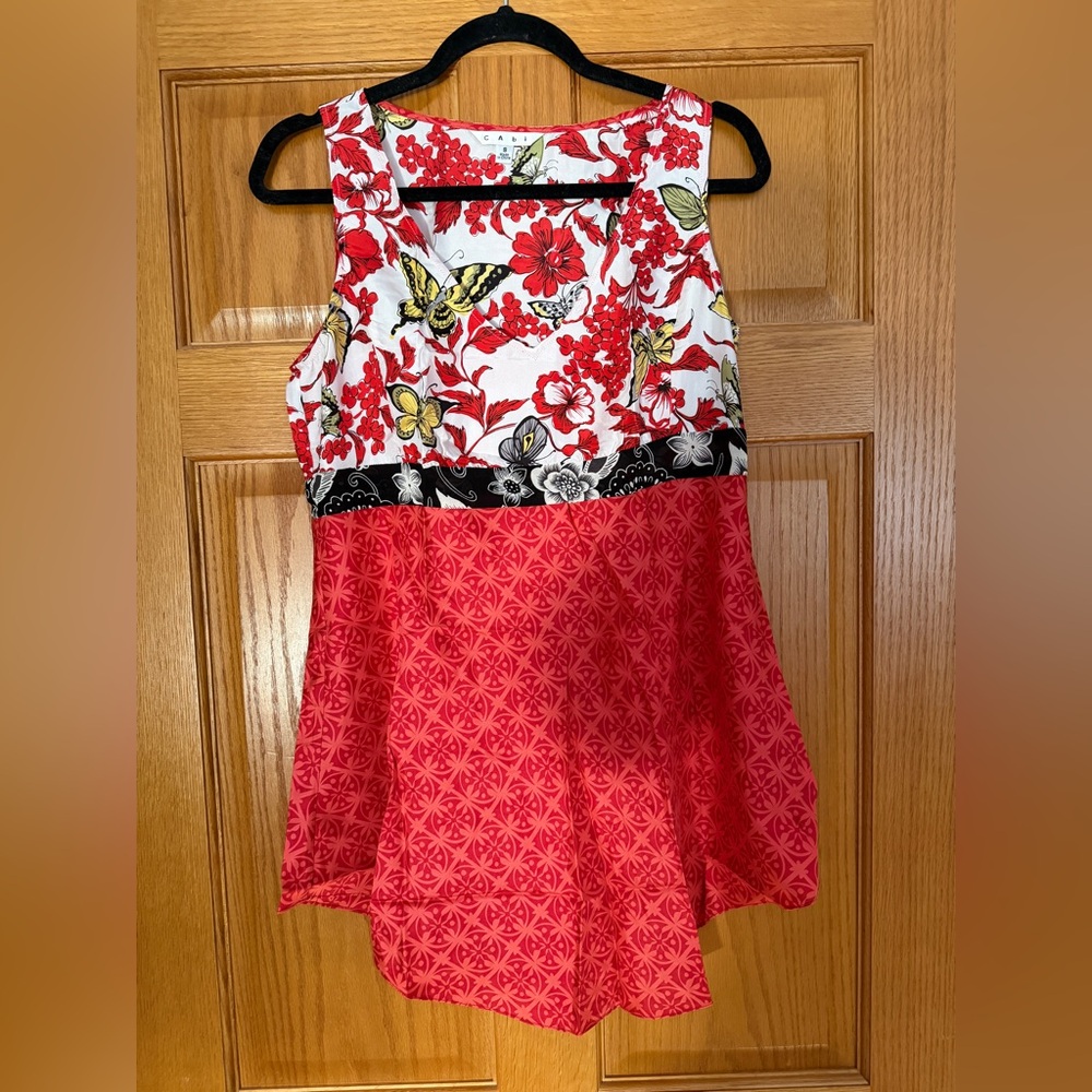 CAbi 100% Silk Floral Butterfly Top Small Red Sleeveless Blouse